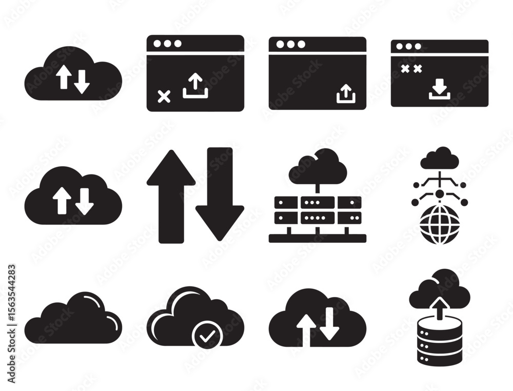 Poster file transfer and cloud sync solid glyph icon set for upload and download showing various arrow and 