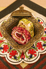 Delectable Rose Petals and Pistachio Turkish Delights in a Brass Bowl