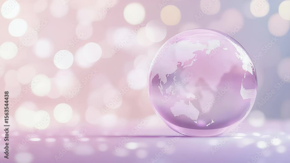 Poster a translucent glass globe with world map details is illuminated against a soft bokeh background in s