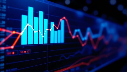 Fototapeta premium Digital financial chart with blue bars and red line graph on dark background