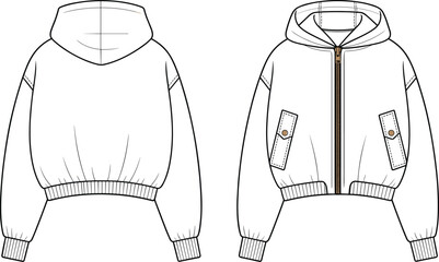 Hoodie, zip, up, front, back, view, pocket, flap, cuff, ribbed, cropped, fashion, flat, sketch, vector, technical, cad, garment, template, illustration © Legend Monir