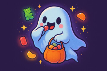 Cute ghost with candy and pumpkin bucket illustration for halloween