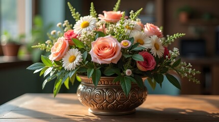 A beautiful, rustic bouquet of pink roses and white daisies in a vintage vase on a wooden table. A charming and warm still life arrangement for any occasion.