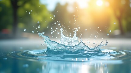 A perfect crown splash created by a drop hitting clear, calm water. A refreshing and dynamic image symbolizing purity, freshness, and a moment in time.