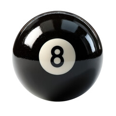 Glossy black eight ball with white number 8 isolated on transparent background