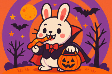 Cute vampire bunny trick or treater illustration for halloween poster or card design