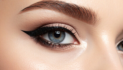 Obraz premium Models eye with shimmering metallic shadow and winged eyeliner. Beauty detail shot.