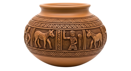 Ancient pottery jar with animal and human figures decorative vase art object archaeological artifact vessel