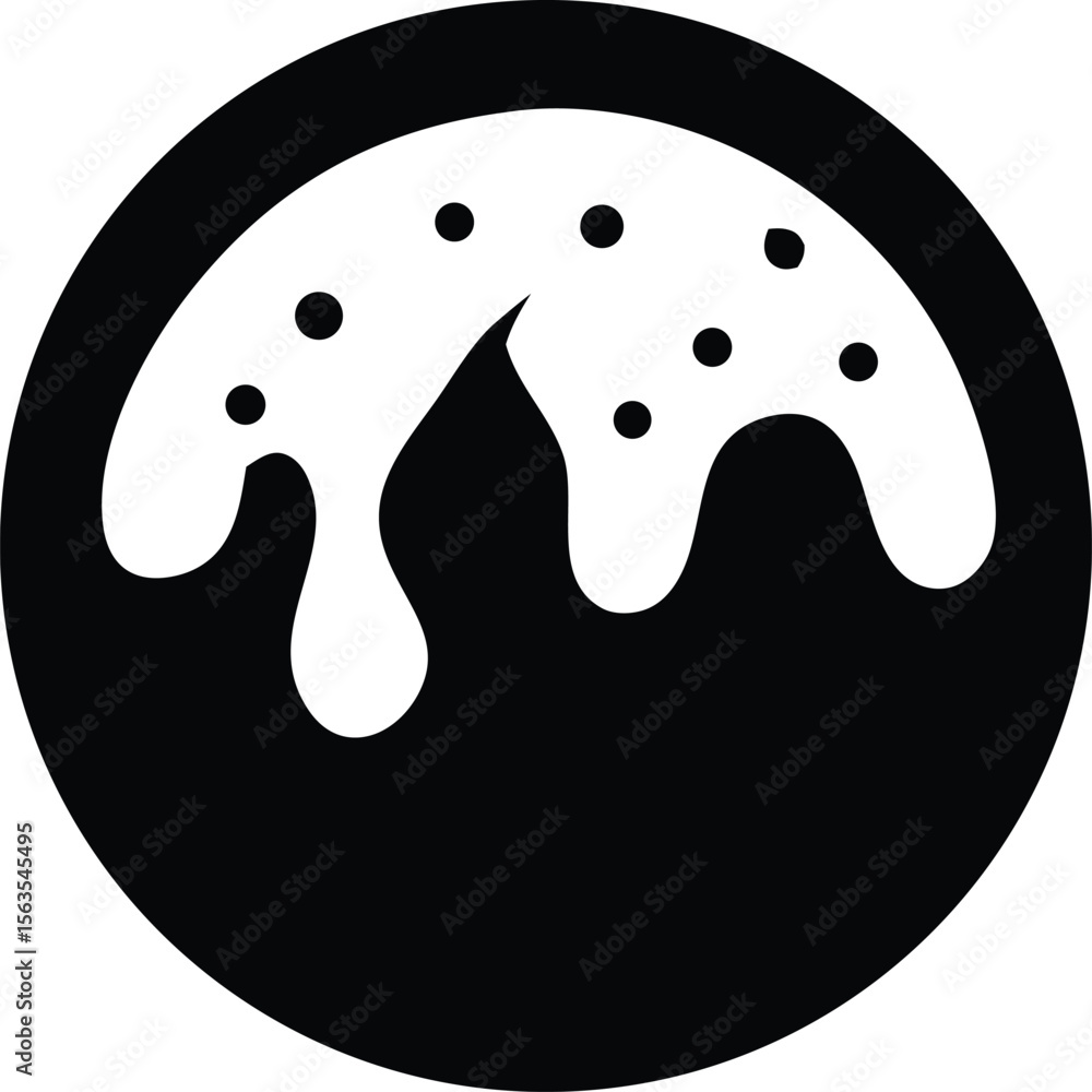 Poster abstract black and white circular graphic featuring dripping liquid and scattered dots representing 