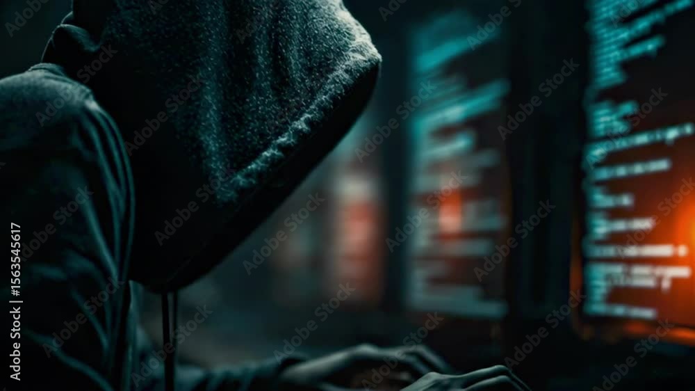 Aufkleber mysterious figure in hoodie engaged in digital fraud activity with multiple computer screens display