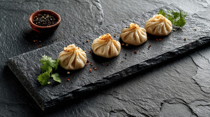 Exquisite Dumplings Plated: A close-up shot showcasing four meticulously arranged dumplings on a sleek, textured slate, evoking culinary artistry.