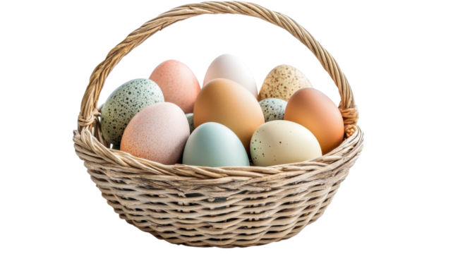 Colorful collection of hand-painted eggs in a rustic basket for spring celebrations and festive gatherings on transparent background