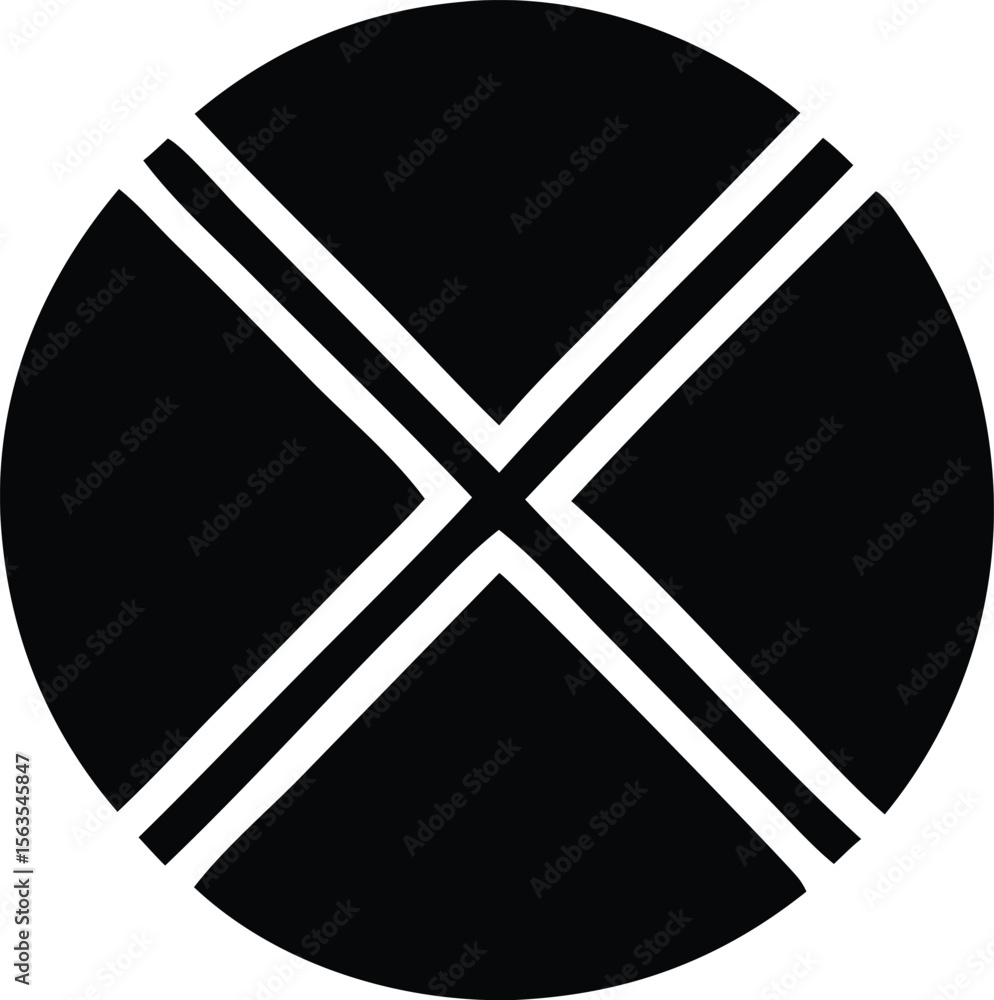 Poster abstract black and white circular design with intersecting white lines forming an x shape within the