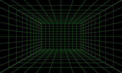 Empty futuristic 3D wireframe green room. Vector perspective grid. Cyberspace background. Box with digital space in virtual reality.