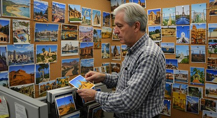 Man meticulously sorts through a vast collection of travel postcards, each depicting a unique architectural and scenic landscape.