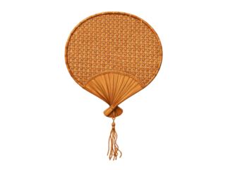 Elegant woven bamboo hand fan with tassel decorative wall hanging, Isolated On Transparent Background, Png Cut Out