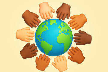 Unity and diversity concept with hands around earth illustration for global harmony and peace