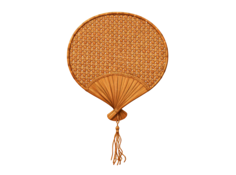 Elegant woven bamboo hand fan with tassel decorative wall hanging, Isolated On Transparent Background, Png Cut Out