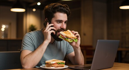 Busy man enjoys a delicious sandwich while working remotely on his laptop and taking a phone call.