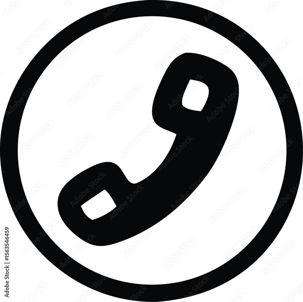 Poster simple black telephone handset icon inside a circular outline on a white background representing com