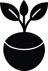 Simple black silhouette icon of a sprouting plant emerging from a round pot symbolizing growth and nature