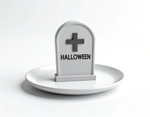 3D tombstone icon on a dish with Halloween text engraving, minimal cute style, white or soft blur background