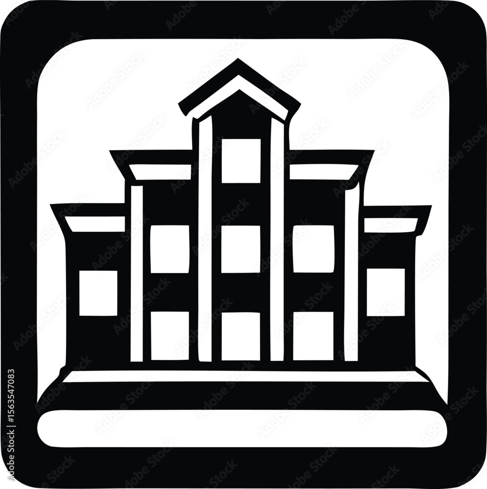 Poster stylized black and white icon depicting a multi story building with a pediment and multiple windows
