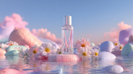 Floral Essence: A graceful glass bottle, adorned with delicate floral accents, takes center stage amidst a serene, dreamlike landscape of soft-hued stones and clouds reflected in tranquil waters.