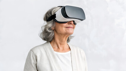 An old woman wearing virtual reality glasses. Virtual reality. close-up