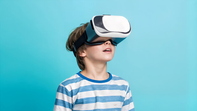 A small boy wearing virtual reality glasses in a close-up. virtual reality technology. Virtual reality
