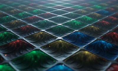 Close-up of a vibrant, abstract pattern of colorful, geometric shapes.