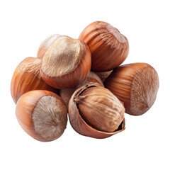 Obraz premium A pile of fresh hazelnuts with their shells isolated on transparent background
