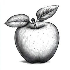 Realistic black and white illustration of a fresh apple with leaves resting on a flat surface