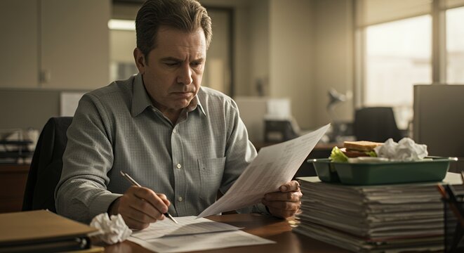 Overworked man meticulously reviews documents at his cluttered desk, lost in thought amidst a pile of paperwork and a half-eaten lunch.