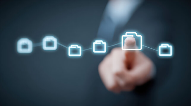 Data File Selection: A fingertip hovers, meticulously choosing a luminous data file from a sequence, set against a backdrop of technological sophistication.