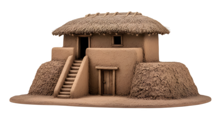 Isolated mud house with thatched roof and stairs architecture building construction village home design 3d model