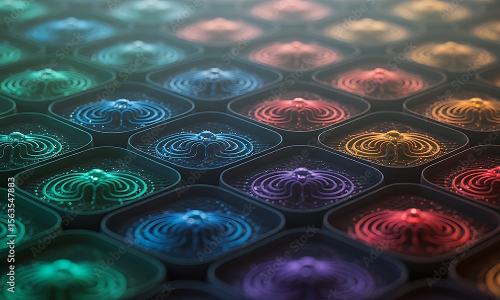 Poster abstract colorful pattern of swirling, dome-like shapes arranged in a grid.