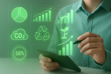 Person using a tablet to analyze environmental data including co2 emissions recycling and growth charts