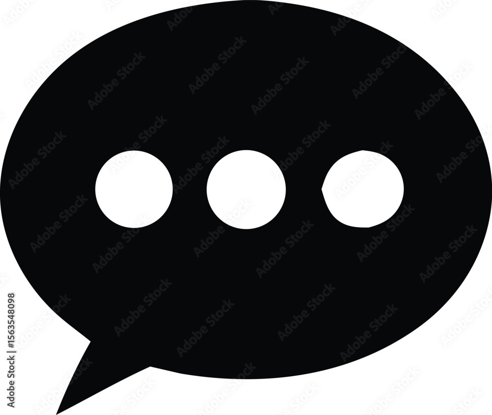 Poster a simple black speech bubble icon with three white dots inside representing conversation or thinking