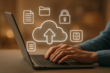 Person using a laptop with glowing cloud computing and data storage icons symbolizing digital transformation and online services