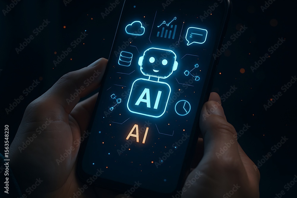 Poster hands holding a smartphone displaying glowing blue ai icons and a robot illustration on a dark backg