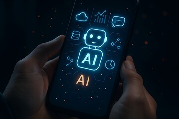 Obraz premium Hands holding a smartphone displaying glowing blue ai icons and a robot illustration on a dark background