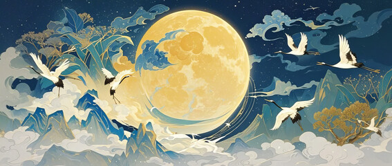 Hand-drawn illustration design of a full moon, flying birds, and landscape with artistic conception