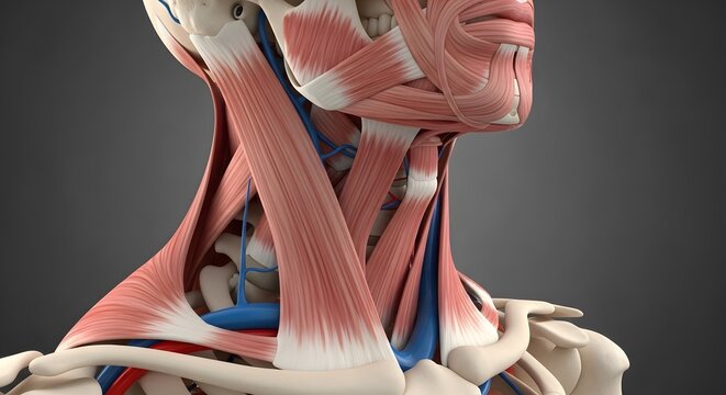 Detailed anatomical rendering of the human neck muscles and vasculature