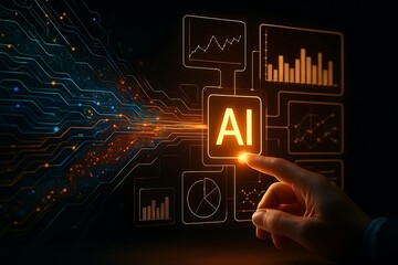 Human finger interacts with glowing ai interface surrounded by digital data visualizations and circuit board patterns