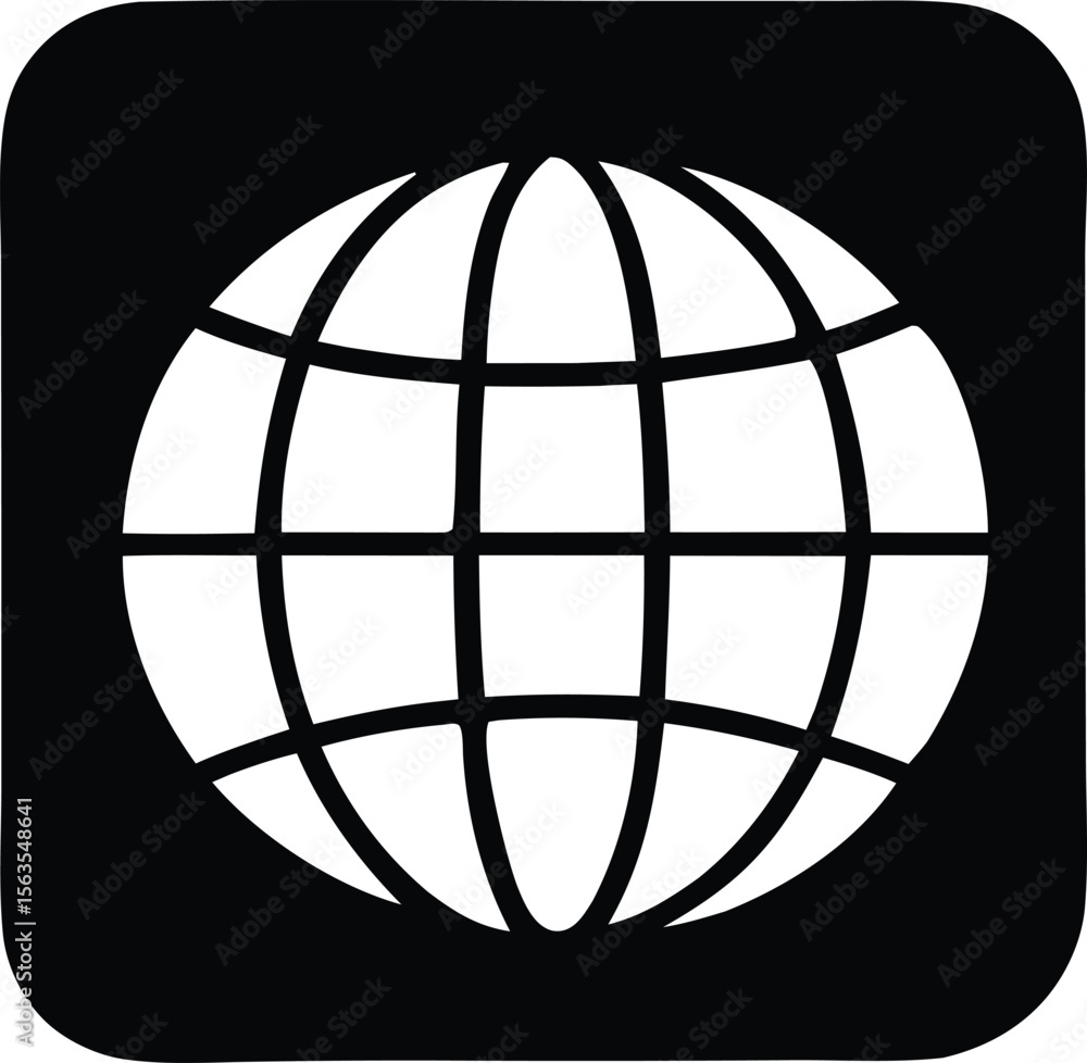 Poster simple white globe icon with a grid pattern on a black background representing global connectivity a