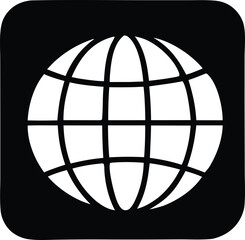 Simple white globe icon with a grid pattern on a black background representing global connectivity and the internet