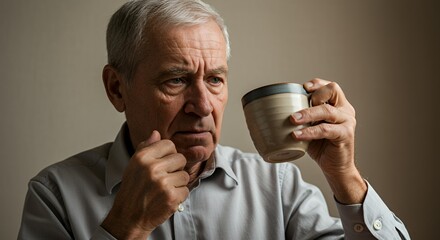 Thoughtful elderly man contemplates life while gently holding a warm mug.