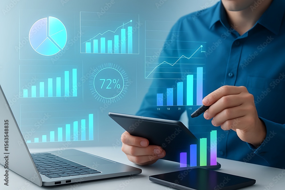 Poster man analyzing financial data and charts on a digital tablet with holographic projections of graphs