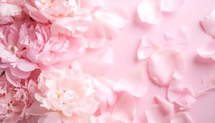 Obraz premium Close-up of soft pink peonies and scattered petals on a light pink background, creating a delicate floral arrangement.